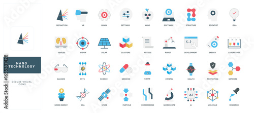 Modern flat style nanotechnology icons for science, research, medicine, innovation, and laboratory use perfect for educational or technology projects isolated vector illustration