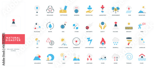 Flat style icons representing natural disasters, hazards, and environmental risks for education, emergency planning, and awareness resources isolated vector illustration