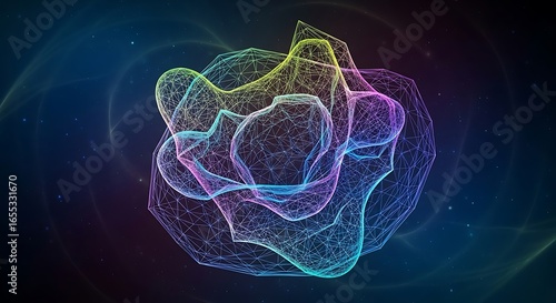 Multidimensional network structure with vibrant color gradients and stardust effects