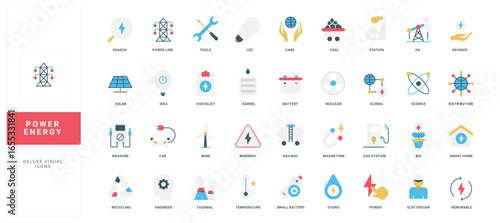 Collection of flat style power and energy icons featuring electricity, renewable sources, science, and technology concepts, each labeled for easy identification isolated vector illustration