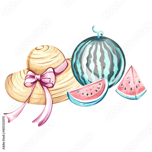 Capture the essence of summer with a vibrant straw hat, refreshing watermelon slices, and a joyful atmosphere perfect for beach vacations and festive gatherings