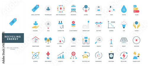 Flat style icons representing recycling energy, renewable resources, sustainability, green technology, waste reduction, and environmental innovation isolated vector illustration