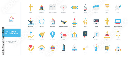 Modern flat style icons representing Christianity symbols, rituals, holidays, and beliefs including cross, church, Bible, and sacraments isolated vector illustration