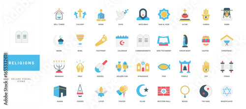 Diverse flat style religion icons featuring symbols, figures, and objects from major world faiths, each labeled with titles for educational and reference use isolated vector illustration