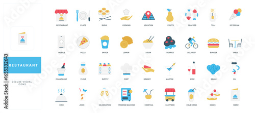 Modern flat style restaurant icons featuring food, drinks, chef, delivery, and dining elements for culinary, hospitality, and menu design projects isolated vector illustration