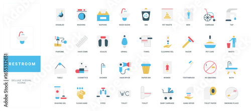 Collection of flat restroom icons showing hygiene, cleaning, accessibility, and bathroom essentials for public and private washroom environments isolated vector illustration