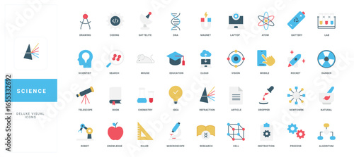 Comprehensive flat style science icons set featuring technology, research, education, chemistry, biology, and innovation concepts isolated vector illustration