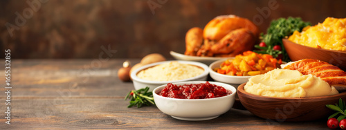 Buffet Table Filled With Traditional Christmas Dishes Including Roasted Turkey and Glazed Ham, Perfect for Holiday Gatherings
