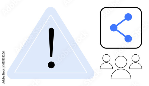 Warning triangle with an exclamation mark, sharing icon, and three user symbols. Ideal for teamwork, caution, communication, system alerts, collaboration, decision-making simple landing page