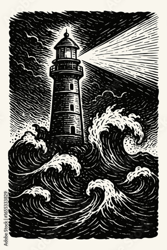 Linocut illustration of a lighthouse shining amid stormy sea waves, vintage nautical style, vector black and white drawing SVG