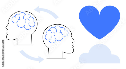 Two brains with arrows suggesting communication, a blue heart symbolizing emotions, and a cloud. Ideal for teamwork, communication, empathy, mental health, emotional intelligence, collaboration