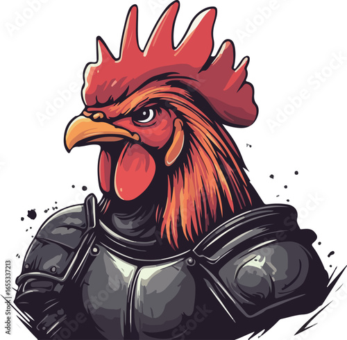 Cartoon illustration of a chicken wearing armor
