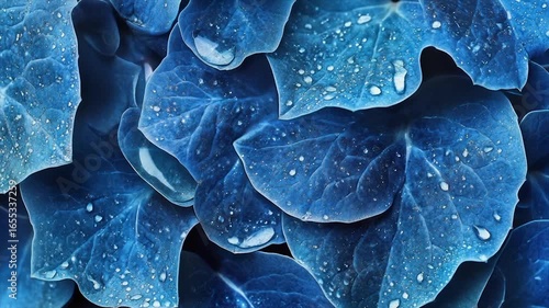 Close-up view of deep blue leaves covered in water droplets