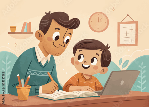 Cartoon Illustration of a Father and Son Studying Together Sharing Knowledge Bonding and Learning in a Warm and Supportive Environment at Home