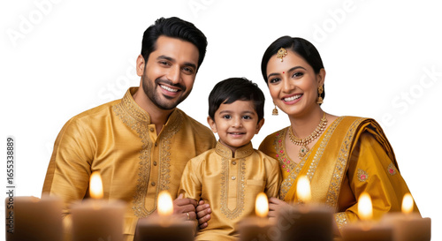 Smiling family wearing traditional yellow clothing celebrates festival with candles, expressing joy and togetherness, Indian culture, festive atmosphere, warm lighting, happy mood