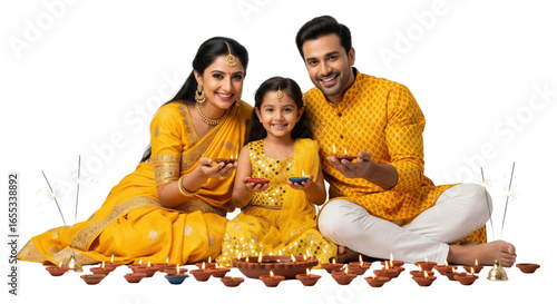 Family in traditional yellow clothing celebrating festival sitting together with clay oil lamps smiling joyfully festive atmosphere Indian culture happiness togetherness Diwali celebration