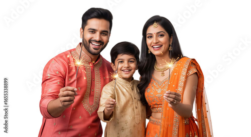 Happy Indian family in traditional clothing celebrating festival with sparklers, joyful expressions, festive mood, cultural attire, togetherness, smiling faces, vibrant colors