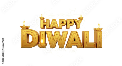 Happy Diwali golden text with glowing oil lamps, festive mandala pattern, and celebratory atmosphere, perfect for festival greeting, invitation, or decoration design