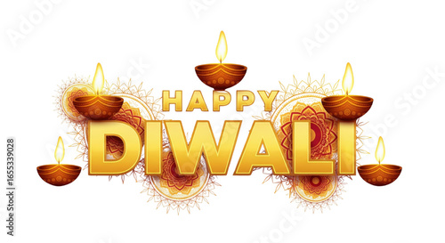 Happy Diwali golden text with glowing oil lamps, intricate mandala patterns, and festive lights, creating joyful and celebratory atmosphere for festival of lights