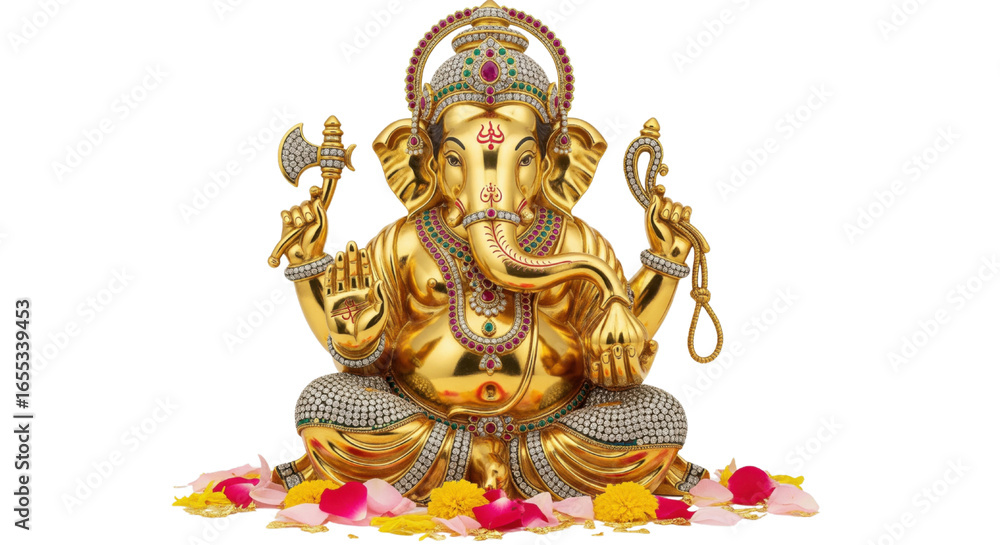 Fototapeta premium Golden Ganesha statue, adorned with jewels, sitting cross legged with vibrant flower petals and marigold at base, symbolizing prosperity, wisdom, and spiritual energy