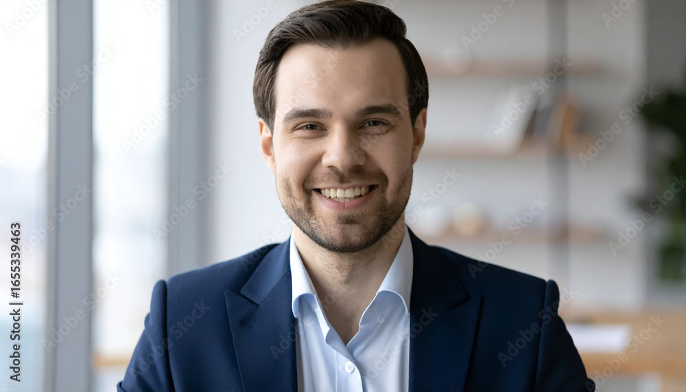 Smiling professional man in blue suit looking at camera, headshot representing confidence, success, and positivity in a modern office. Smiling professional man in blue suit looking at camera, headshot representing confidence, success, and positivity in a modern office.