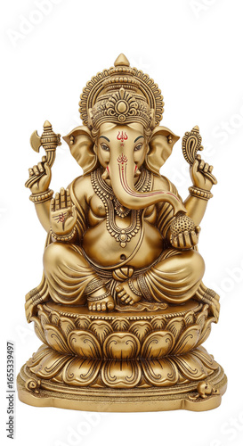 Golden Hindu deity statue elephant head ornate crown seated on lotus pedestal intricate details spiritual symbol traditional Indian art peaceful expression religious sculpture