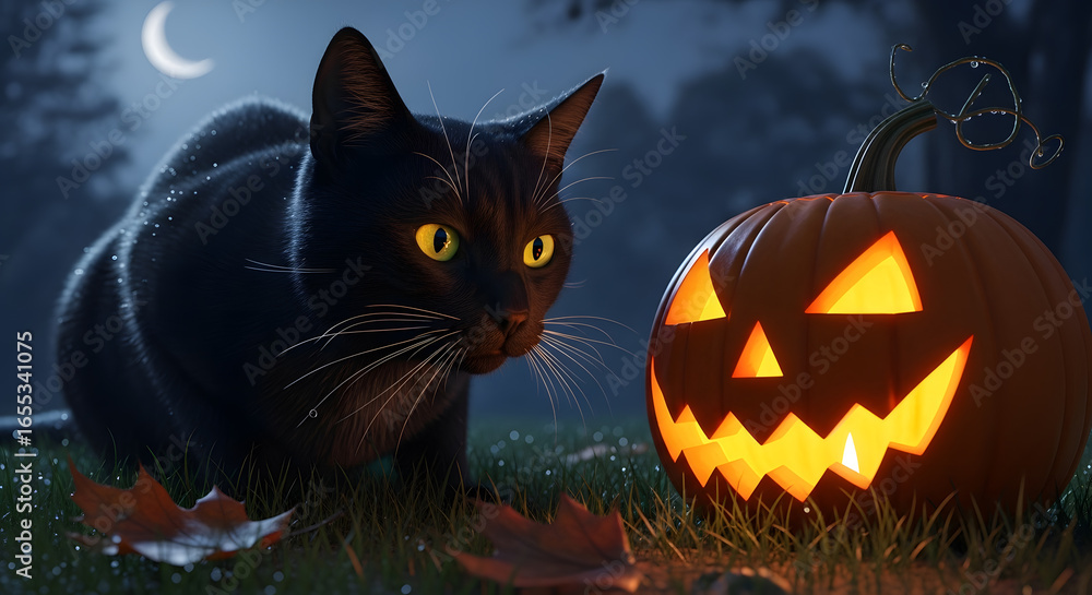 Fototapeta premium Black cat with glowing eyes, illuminated by a lit pumpkin, shiny fur visible, damp grass under moonlight.