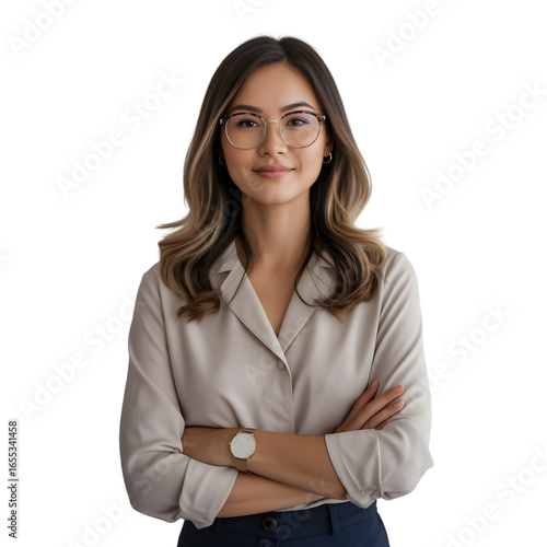 Confident businesswoman with glasses and arms crossed projects professionalism and success in modern business attire.