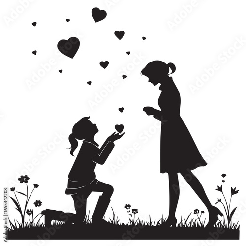 Silhouette of a girl proposing to a woman with hearts isolated on white background