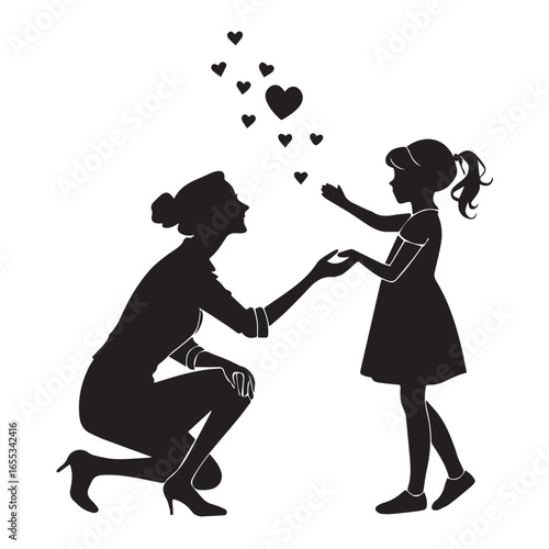 Silhouette of a mother and daughter sharing love isolated on white background