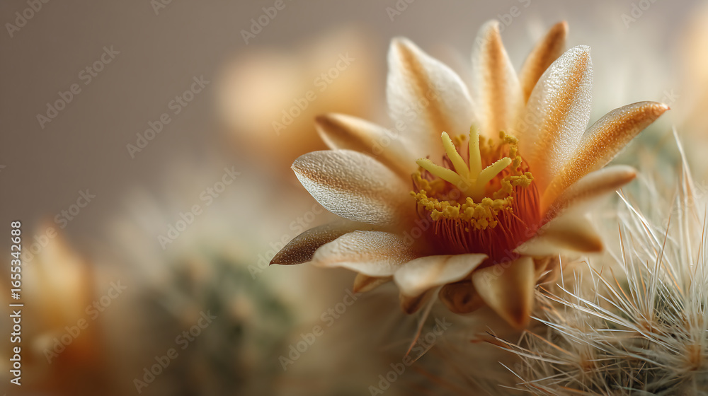 Fototapeta premium A close-up of a delicate cactus flower with soft, creamy petals and vibrant yellow stamen, set against a blurred background.
