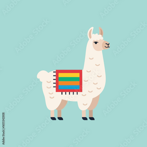Cartoon llama with colorful blanket stands against a light blue background.