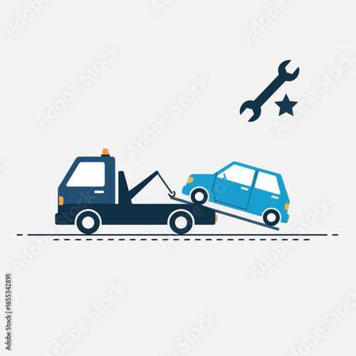 A tow truck is towing a car with a wrench icon above.