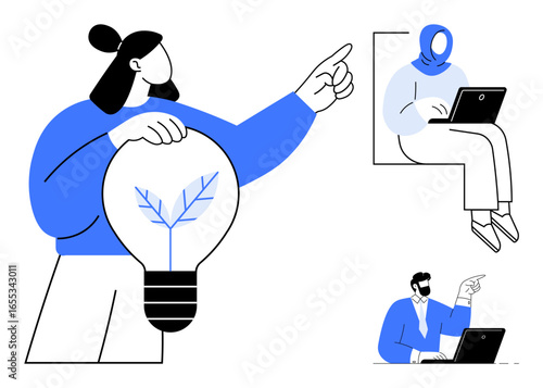 Team members brainstorming and working with laptops, one holding a lightbulb symbolizing ideas and creativity. Ideal for teamwork, innovation, brainstorming, technology, communication, education