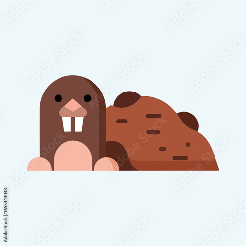 Cartoon mole with buck teeth next to a molehill on light blue background.