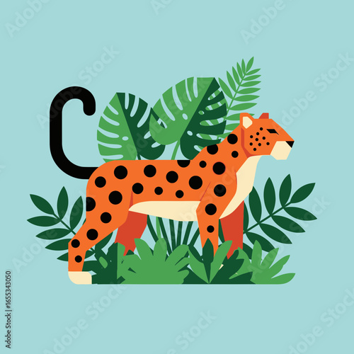 Cartoon style cheetah stands amidst tropical foliage on a light blue background.
