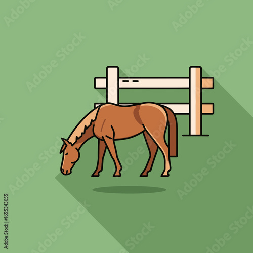 A brown horse is grazing in a field near a white fence.