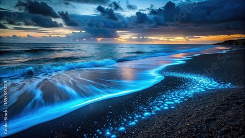 Serene Sunset Glow Ocean Waves Illuminating a Dark Sandy Shore with Bioluminescent Specks