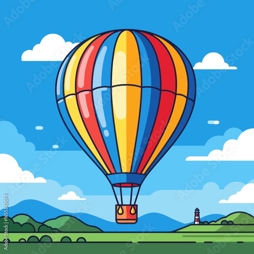 Colorful hot air balloon floats over a green field with mountains and clouds.