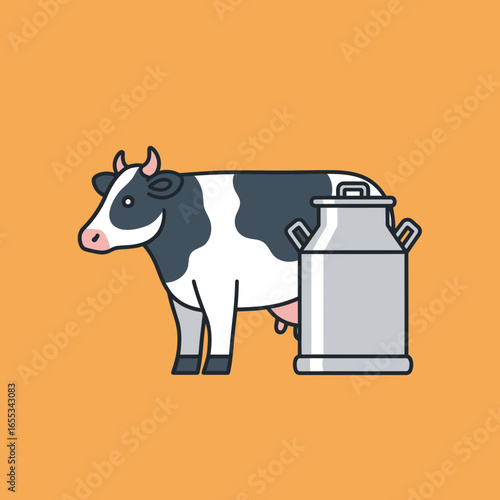 Cartoon cow stands next to a metal milk churn on a colored background.