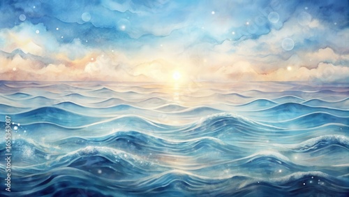 Serene Ocean Waves at Sunset A Dreamlike Watercolor Painting of a Tranquil Seascape with Gentle Undulations and Soft, Glowing Light