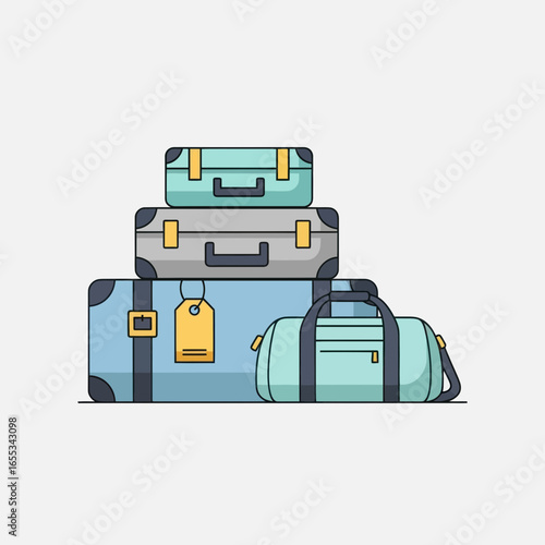 Stack of luggage including suitcases and a duffel bag on a white background.