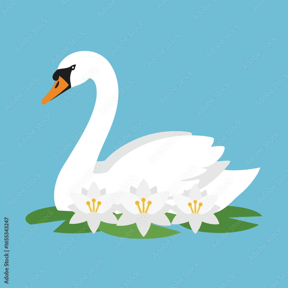 Fototapeta premium White swan on lily pads illustration against a blue background.