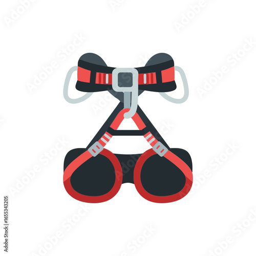 Climbing harness with red straps and black padding isolated on white background.
