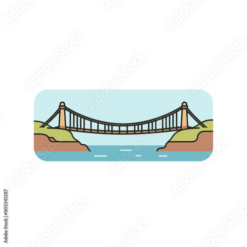 Cartoon suspension bridge spans water between land under a light blue sky.