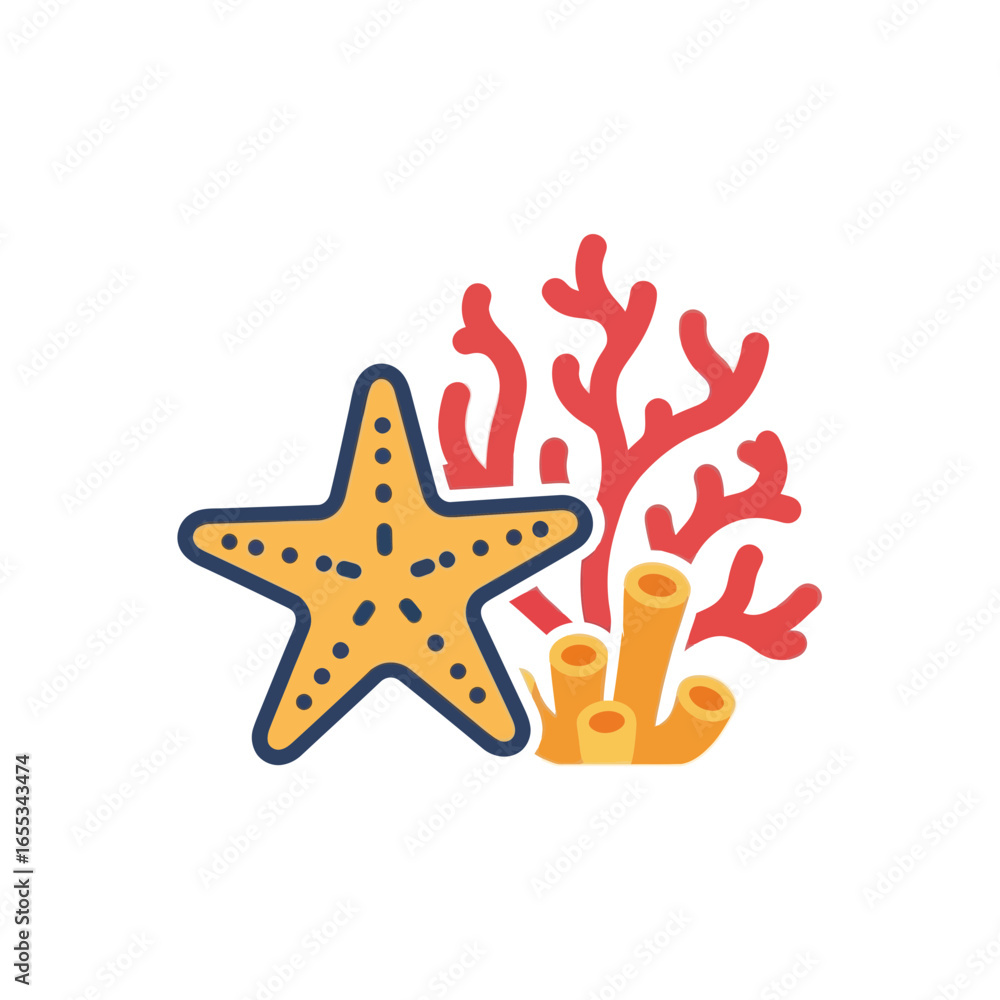 Obraz premium Starfish and coral illustration in orange and red colors on white background.