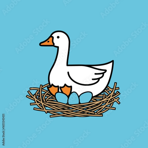 Cartoon duck sitting in a nest with eggs on a blue background.