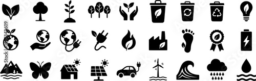 Icon set of eco and sustainability, black silhouette vector glyph pictograms of recycle, tree, solar panel, wind turbine, environment, renewable energy, and conservation.