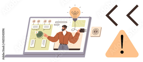 Person presenting ideas via laptop, flowcharts, and lightbulb for creativity. Ideal for innovation, problem solving, e-learning, brainstorming, programming teamwork business growth. Simple flat