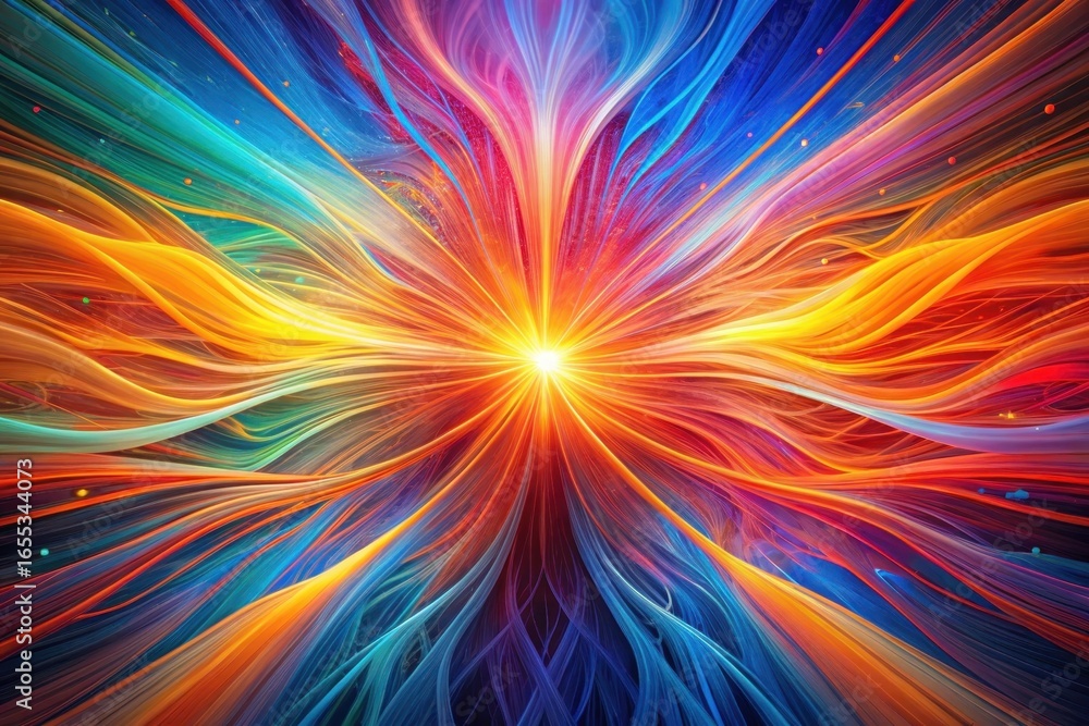 Obraz premium A vibrant, radiant burst of multicolored energy streams, a captivating display of swirling, luminous threads creating a mesmerizing spectacle of light and color